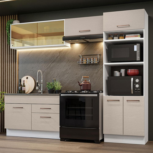 Armário De Cozinha Completa 270cm Madesa Agata 05 Bc Cor Branco/Crema
