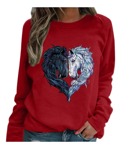 Blusa De Mujer Con Estampado De Cabeza De Caballo Raglan Lon