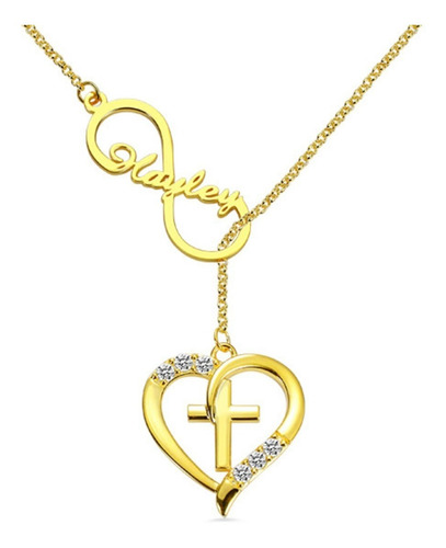 Collar Infinito Con Nombre Personalizado Y Cruz Con Corazón En Plata .925 Chapado En Oro De 18k