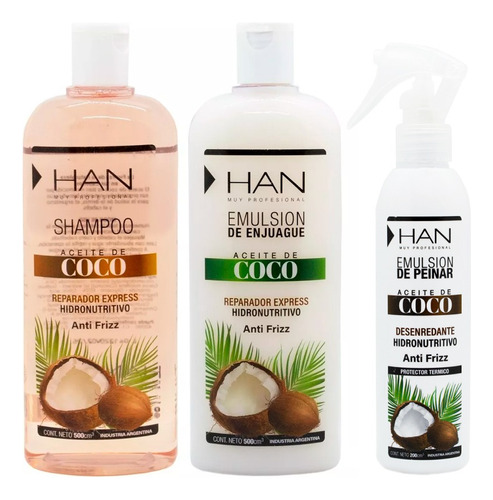 Han Coco Shampoo + Enjuague + Emulsion Reparador Anti Frizz 