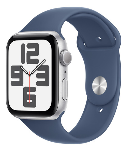 Apple Watch SE GPS • Caixa prateada de alumínio – 44 mm • Pulseira esportiva denim – P/M