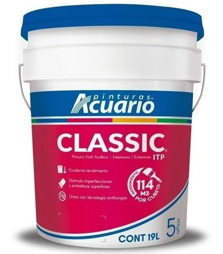 Imagen 1 de 3 de Pintura Vinil Acrílica Classic Acuario 19 Lt Color Blanco