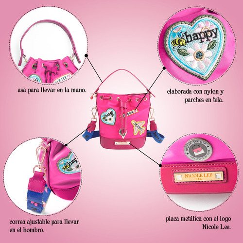 Bolsa De Jareta De Nicole Lee De Nylon Con Parches Ss25 Acabado De Los Herrajes Níquel Color Plum Correa De Hombro Color Patch Diseño De La Tela Color Patch
