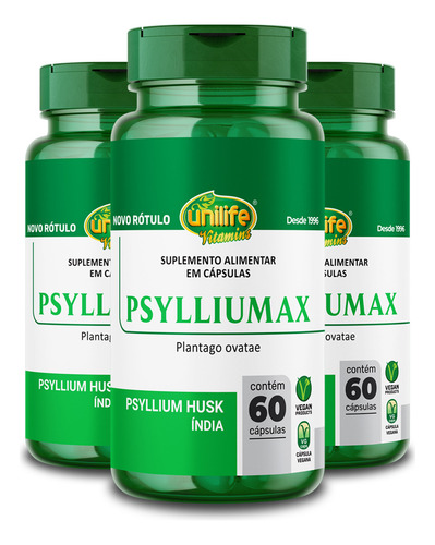 Kit 3 Psyllium Unilife Psylliumax 60 Cápsulas Sabor Sem Sabor