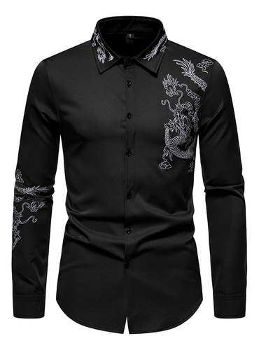 Camisas De Vestir Bordadas Con Dragones Chinos Negros Para H