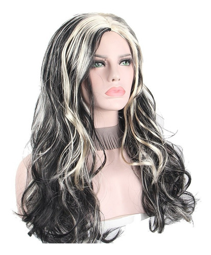 Peruca Longa Feminina Cabelo Preto Com Mechas Branco Loiro