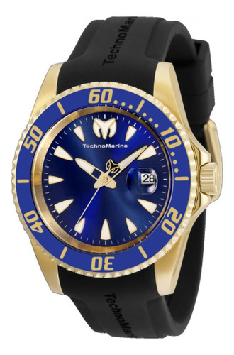 Reloj pulsera Technomarine Manta TM-220115 de cuerpo color oro, quartz, para hombre, con correa de silicona color negro, dial azul, bisel color azul