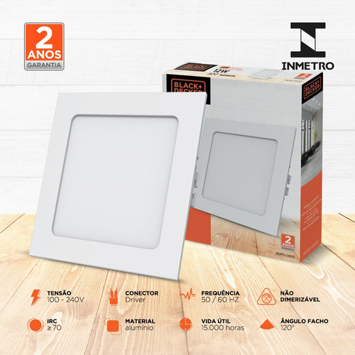 Painel Led Slim Embutir 12w Branca Quadrado - Black + Decker