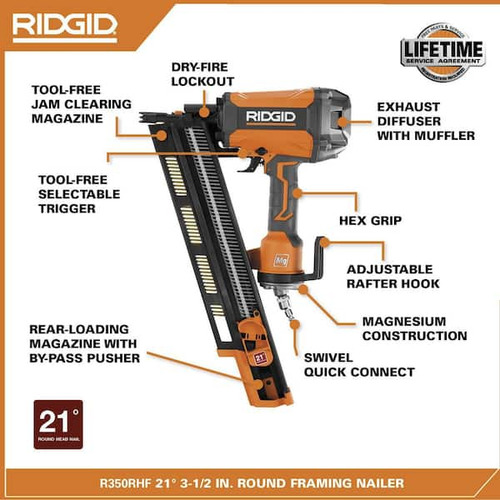 Clavadora Neumática Ridgid 21° Pistola Estructuras Framing (Usado)