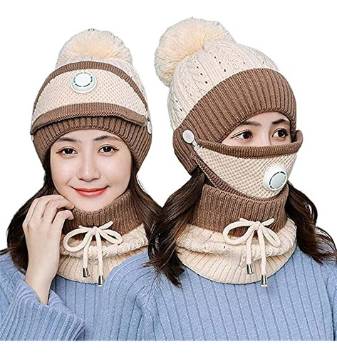 Gorro De Pom Pom Con Bufanda Y Mascarilla Para Mujeres