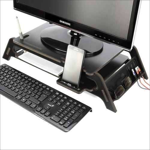 Imagen 2 de 10 de Base Eleva Monitor Pc-notebook Con Porta Celular Y Estante