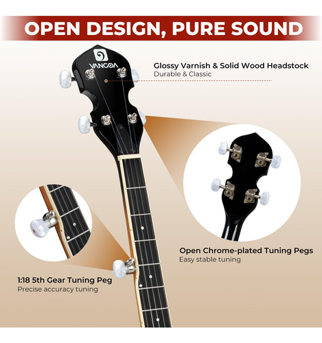 Banjo Vangoa Vbj-50 De 5 Cuerdas De Tamaño Completo Con Kit