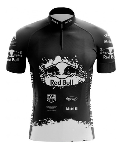 Camisa Ciclismo Equipe Red Bull Preta Branca Bolsos Curta