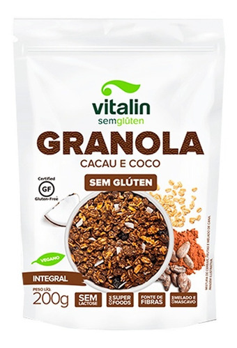 Granola Cacau E Coco S/glúten Vegano Integral Vitalin 200 Gr