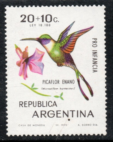 Imagen 1 de 1 de Argentina Sello Mint Sobretasa Pro Infancia = Pájaro Picaflor Enano Año 1970 