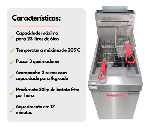 Fritadeira A Gás Glp Vulcan Profissional 23 Litros Zona Fria