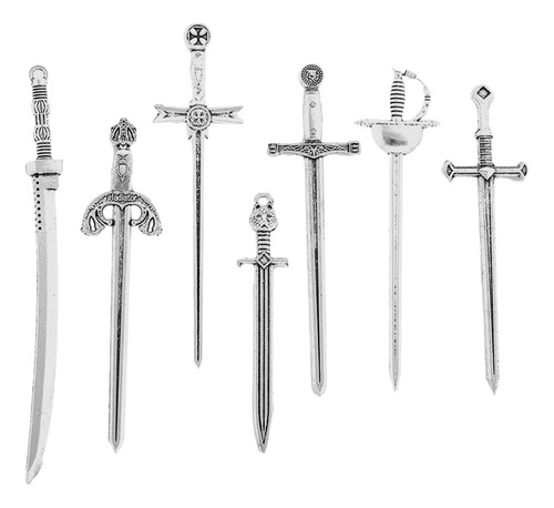 * 7 Peças Mini Pingentes De Espada Antigos, Amuletos De