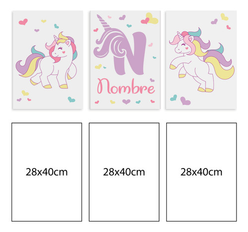 Set 3 Cuadros Personalizados Nombre Unicornio 28x40cm
