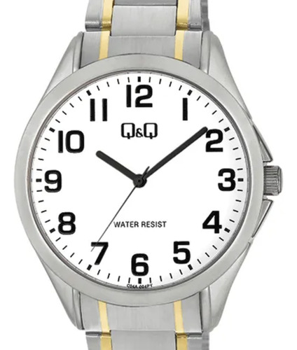 Reloj Q&q Malla Acero Inoxidable Elegante Para Hombre Febo Correa Plateado Y Dorado Bisel Plateado Fondo Blanco