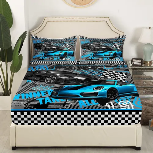 Juego De Ropa De Cama Para Auto De Carreras Individual Azul