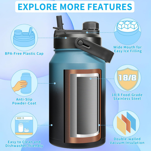Aexpf Botella De Agua Aislada De 64 Oz Con Tapa De Tres Usos