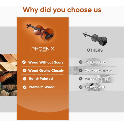 Phoenix Violín 4/4 Full Size Kit, Violín Fiddle Set P...