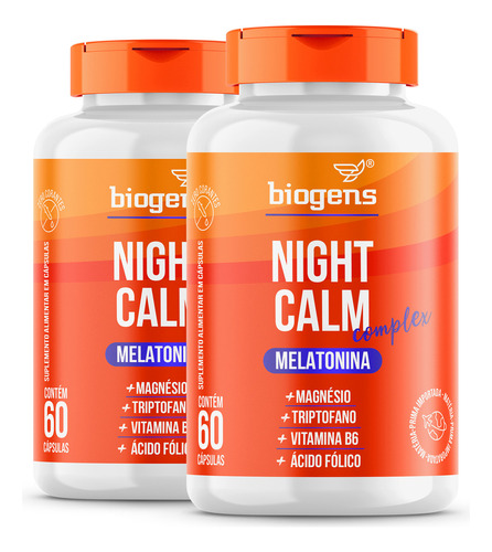 Kit Com 2x Night Calm Complex: Melatonina, Magnésio, L-triptofano, Vitamina B6, Vitamina B9 | 60 Cápsulas | Biogens