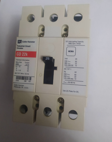 Cutler Hammer Gd22k Circuit Breaker 3 Pole 25 A Contactor (Usado)