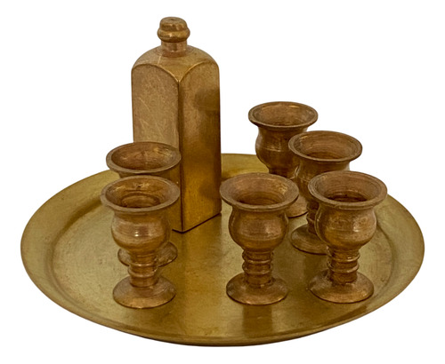 Antiguo Conjunto Miniatura De Bandeja Botella Y Copas Bronce