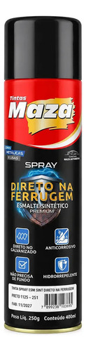 Tinta Esmalte Spray Maza Direto na Ferrugem para Metal Preto Brilhante 400ml