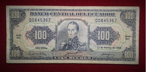 Billete 100 Sucres Ecuador 1994 Pick 123 Bolivar