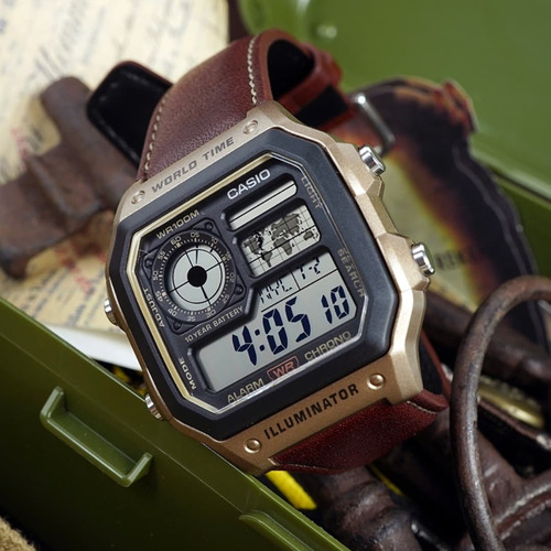 Relógio submersível masculino Casio AE-1200whl-5 Mesh Leather Wr100 Mesh Bezel marrom, ouro escuro, fundo cinza