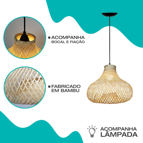 Lustre Pendente Rústico Madeira Mesa Sala Praia Lâmpada Led 127/220V Porto Rico Casa Attract 4x4sc