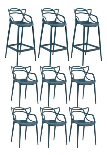 Kit Jantar Allegra 6 Cadeiras +  3 Banquetas Ana Maria Cores Estrutura Da Cadeira Azul-petróleo