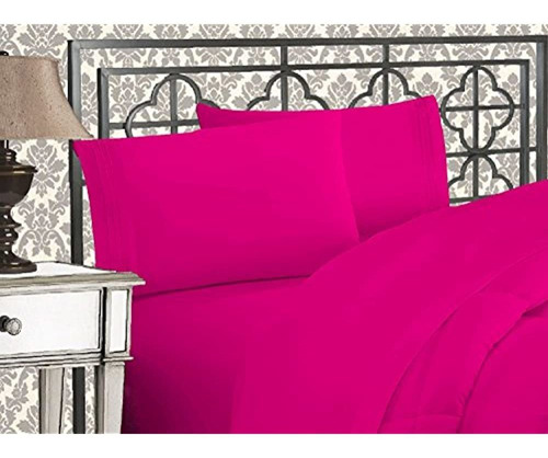 Elegant Comfort  4-piece Bed Sheet Set, Queen, Hot Pink Color Rosa Chicle Diseño De La Tela Liso