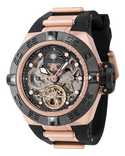Relógio de pulso masculino Invicta 43911 com pulseira de silicone, aço inoxidável preto e ouro rosa