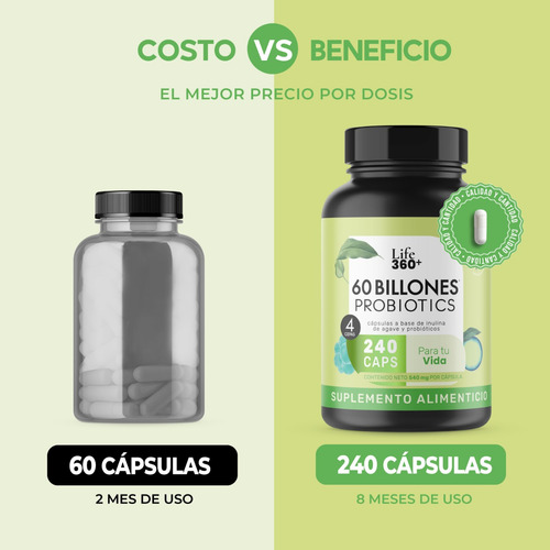 Imagen 6 de 6 de Probioticos 60 Billones Con 4 Cepas Y 240 Capsulas Life360+
