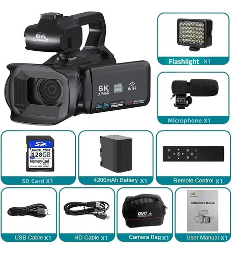 Videocámara Profesional De 64mp 6k Hd,18x,wifi Con 128gb Sd