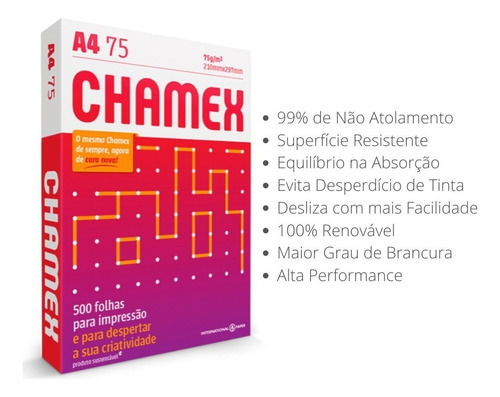 Papel A4 Chamex Office 75g Com 500 Fls / Caixa Com 5 Resmas