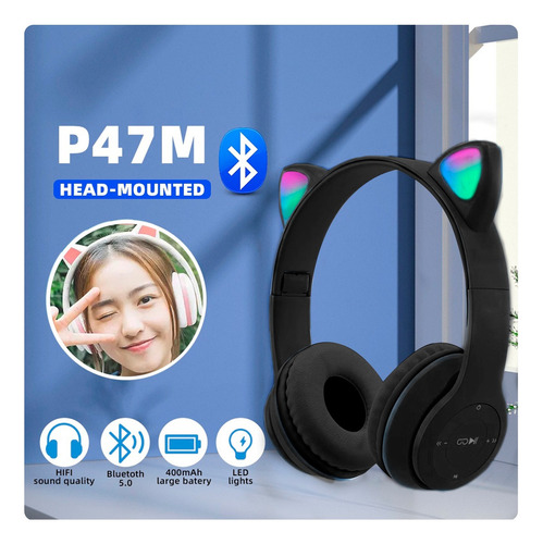 Audífonos Orejas De Gato Infantiles Bluetooth Auriculares Color Negro Luz RGB