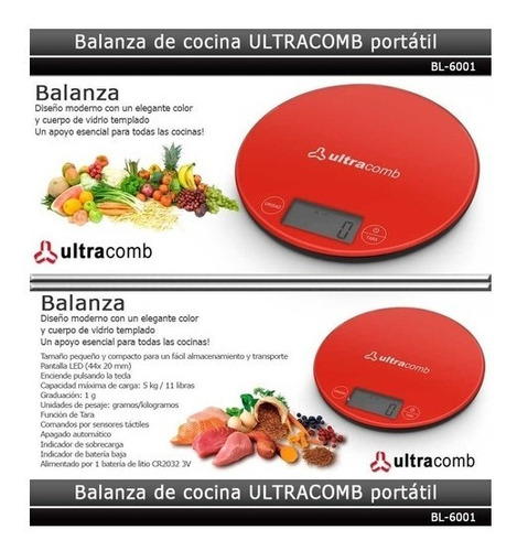 Imagen 4 de 5 de Balanza De Cocina Ultracomb Bl-6001 Led 3kg