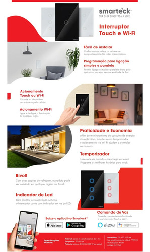 Interruptor Touch Wifi 4x4 4 Módulos Preto Smarteck