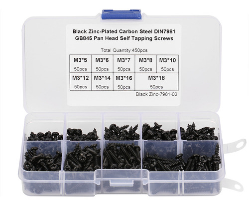 Juego De 450 Tornillos Autorroscantes Negros M3 Con Cabeza P