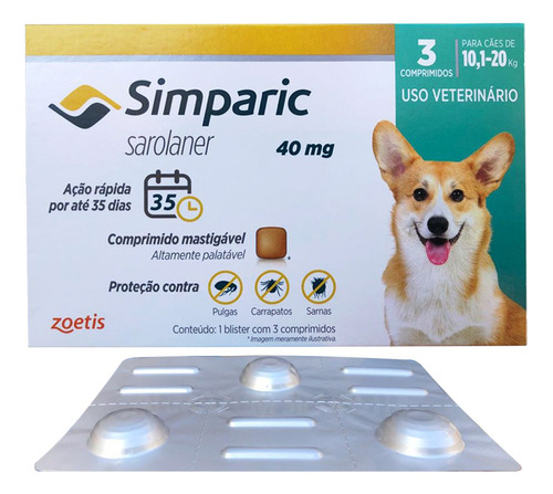 Simparic 10 A 20kg 40mg 3 Comprimidos Mastigáveis Palatáveis