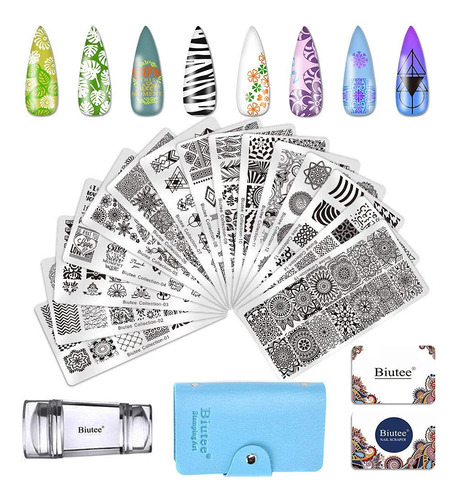 Biutee 19pcs Nail Stamp Plates Set 15 Plate 1stamper 2scrape