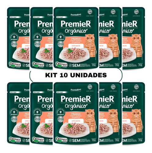 Kit 10un Sachê Premier Gourmet Frango Para Gatos Adultos 70g