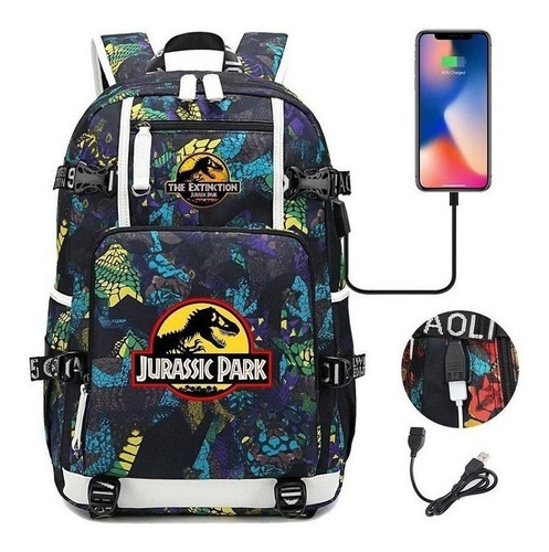 Mochila Escolar De Jurassic Park C/puerto Usb P/estudiantes