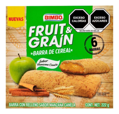 3 Pzas Barra De Cereal Bimbo Fruit & Grain Sabor Manzana Can