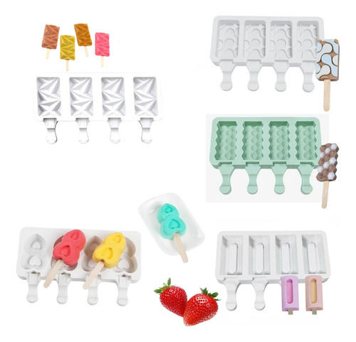 5 Moldes Silicona 4 Cavidades Paletas Hielos Artesanales Color Surtidos
