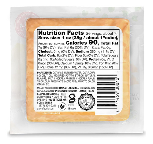 Daiya Bloque De Queso Vegano Estilo Cheddar Mediano Sin Láct